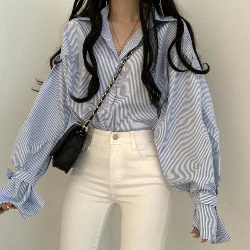 liwuka Spring Lantern Sleeve Blue Stripe Shirt Camisas Blusas Mujer Loose Casual Black Top Women's Clothing Blouses Office Lady Shirts