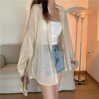 liwuka Fashion Women Holiday Beach Shirts See Through Chiffon Blouse New Summer Tops Sun Protection Clothes Long Sleeve Blusas