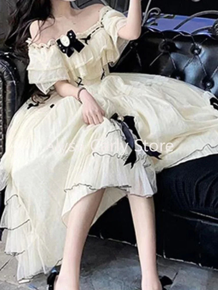 liwuka Elegant Sweet Princess Lolita Dress Women Japanese Slash Neck Short Sleeve Ball Gown Dress Female Evening Party Y2k Fairy Dress