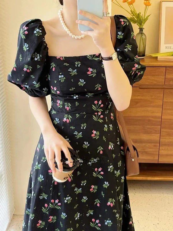 liwuka Korean Chic Summer Simple Dress for Women Square Collar Slim Waist A-line Dresses Sweet Puff Sleeve Floral Long Vestidos