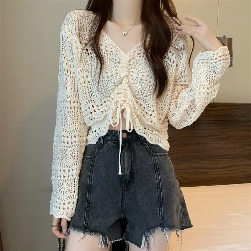 liwuka Korean Simple Hollow Out Drawstring Knit Sweaters Women Spring Summer Solid V-Neck Lace Up Sweet and Spicy Sexy Design Short Top