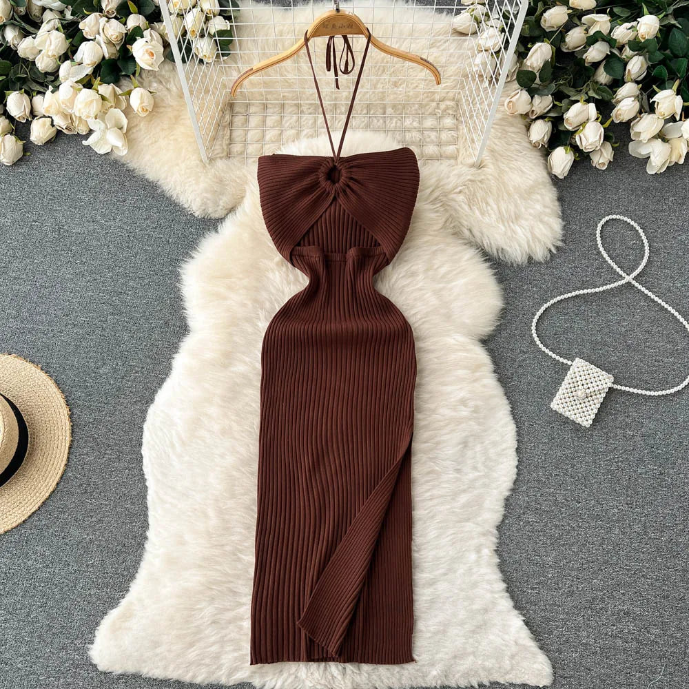 liwuka Chic Fashion Sexy Package Hips Split Knitted Summer Dress Women Slim Elastic Bodycon Party Dress Streetwear Outfits