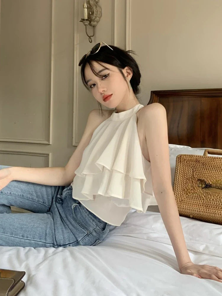 liwuka Summer Pure Color Korean Style Fashion Blouse Office Lady New Basic Sexy Sleeveless Tops Woman Beach Casual Slim Clothing