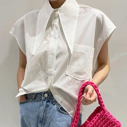 liwuka Simple Solid Color Lapel Women Blouses Loose Large Pocket Design Blusas Short Sleeve Shirts Korean Summer Top for Women