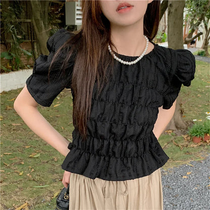 liwuka French Solid Blouses Women Chic Elegant Mujer New Gentle Casual Summer Short Sleeve Work Wear Slim-Fit Blusas