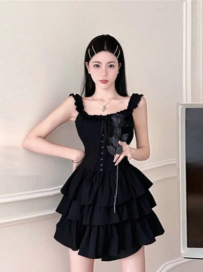 liwuka Gothic Lolita Kawaii Slip Dress Soft Girl Goth Harajuku Off Shoulder Backless Sexy Black Ruffles Party Dresses Y2k