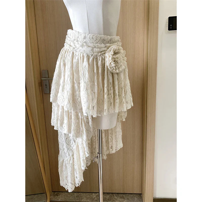 liwuka Women's Off White A-line Lace Skirt Vintage Y2k Irregular Mini Skirt Harajuku Korean Fashion Elegant Skirt 2000s Clothes Summer