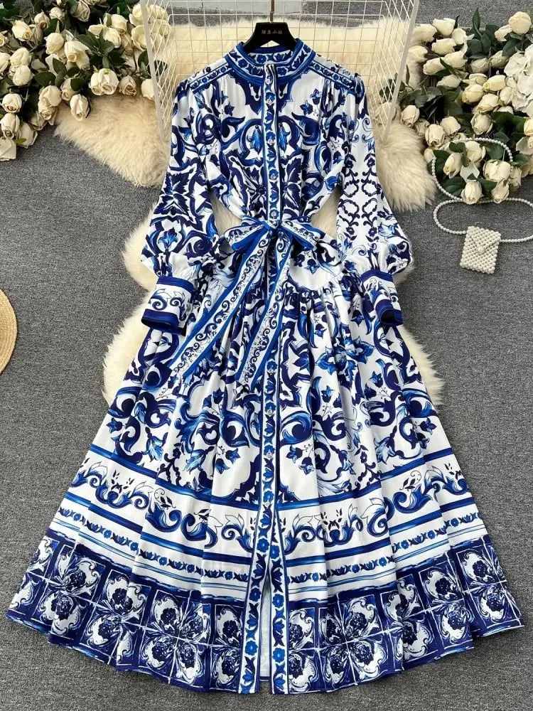 liwuka Runway Red Blue And White Porcelain Print Holiday Maxi Dress Women's Stand Single Breasted Loose Lace Up Belt Long Robe Vestido