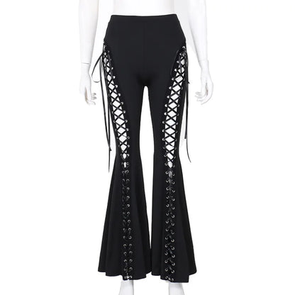 liwuka Goth Dark Grunge Streetwear Black Bandage Trousers Cyber Gothic Punk Hollow Out Flare Pants Women Emo High Waist Sexy Alt Bottom