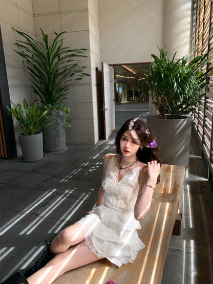 liwuka Beach Style Whit V-Neck Dress Even Party Female Elegant 2000s Vintage Clothing Korean Fashion Y2k Mini Dress Women Summer Boho