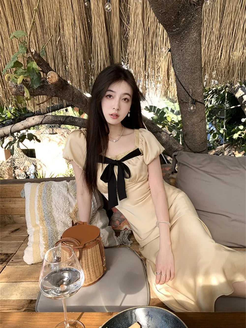 liwuka Drawstring butterfly straps design dress summer new temperament waist thin long skirt female French niche style 2024