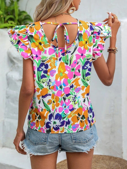 liwuka Fashion Flower Print Flying Sleeve Shirt Blouse Woman Spring Summer Casual O-neck Short Sleeve Blouses For Women Loose Tops