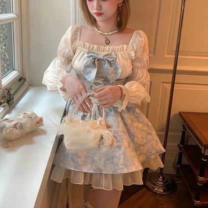 liwuka Lolita Princess Dress Women Party Y2k Bandage Blue Cosplay Costumes Japanese Puff Sleeve Ribbon Square Neck Bowknot Mini Dress