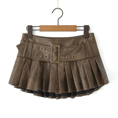 liwuka Korean Fashion Faux Leather Skirts For Woman Mini Skirts Low Waist Summer Vintage PU Leather Pleated Skirt With Belt Brown