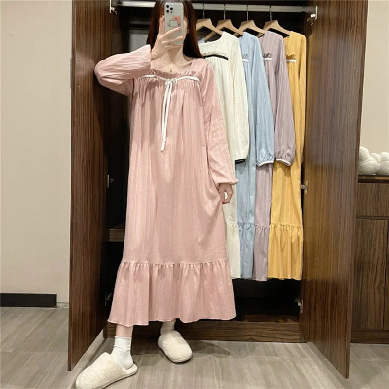 liwuka Long-Sleeved Nightgown Female Spring And Autumn Summer Students Princess Wind Big Size Dress Nightgown Pajamas Homewear