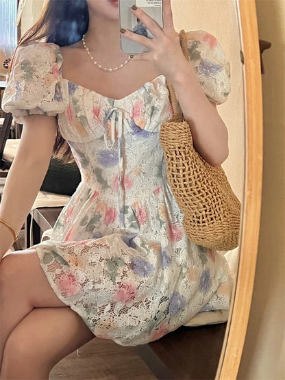 liwuka Summer New Korean Ins Square Collar Sexy Puff Sleeves Floral Holiday Short Dress Ladies dresses women