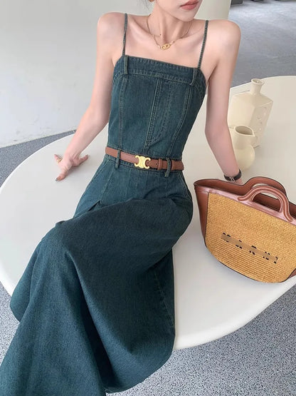 liwuka Deep Blue Denim Camisole Dress For Women'S Summer Retro One Shoulder Elastic Strapless Slim Fitting Temperament Dress