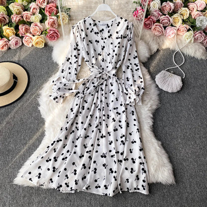 liwuka Korean Fashion Cherry Print Women Dress 2023 New Autumn Vintage Bandage Slim Waist Long Dress Elegant Party Vestidos