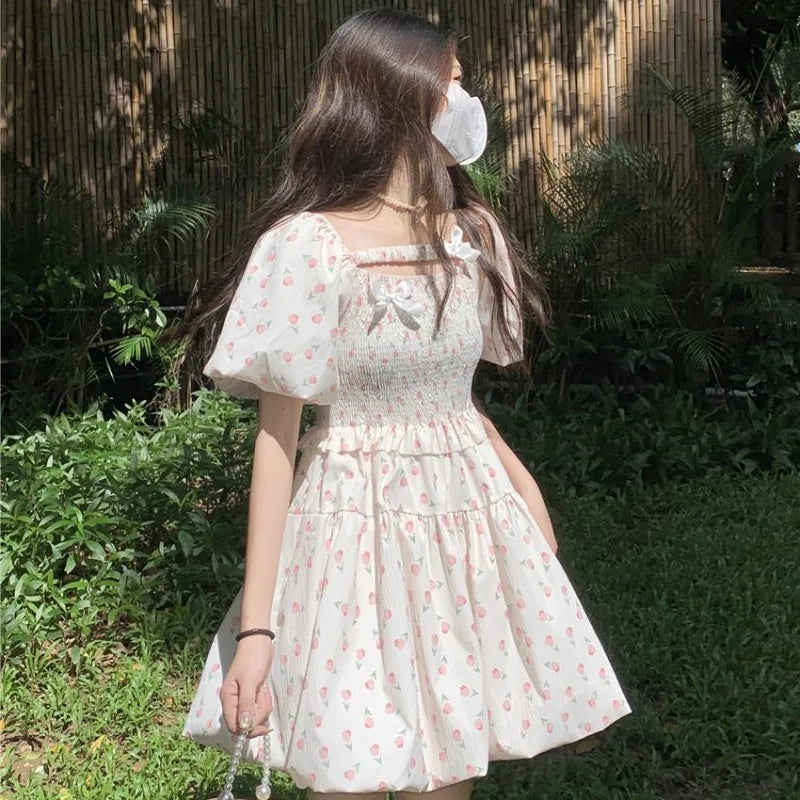 liwuka Summer Korean Fresh Pleated New Vestidos Square Neck Floral Puff Dress for Women Short Slim Waist Flower Bud Dresses