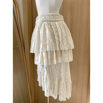 liwuka Women's Off White A-line Lace Skirt Vintage Y2k Irregular Mini Skirt Harajuku Korean Fashion Elegant Skirt 2000s Clothes Summer