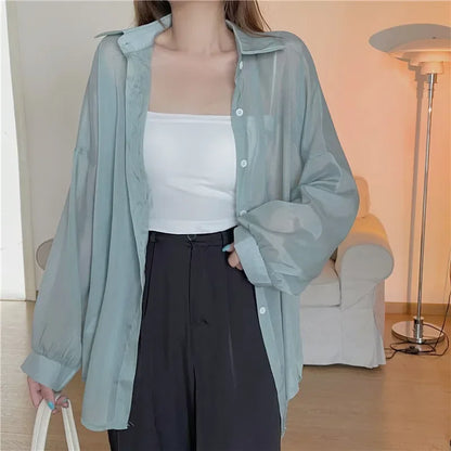 liwuka Fashion Women Holiday Beach Shirts See Through Chiffon Blouse New Summer Tops Sun Protection Clothes Long Sleeve Blusas