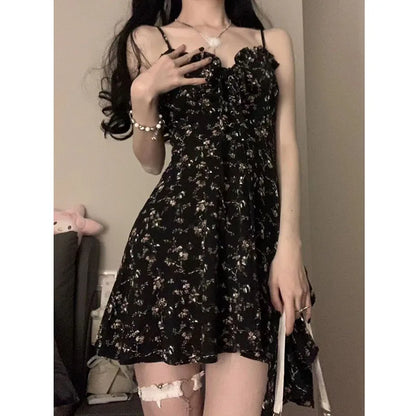 liwuka Black Floral Print Ssling Dresses Women Summer Vintage Spaghetti Strap Mini Dress Female Elegant Slim Ruffles A-Line Dress