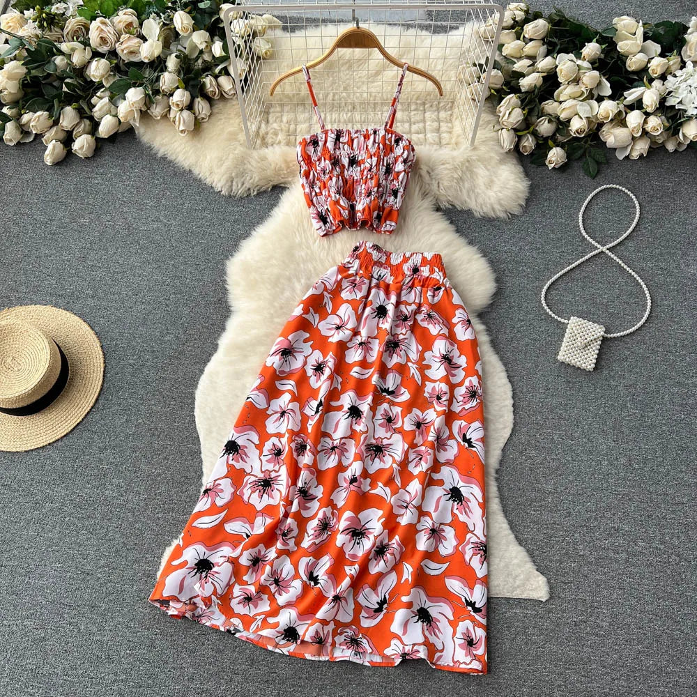 liwuka Women Dress Set New Summer Vacation Fashion Floral Print Straps Crop Tops + Long Skirts Outfits Beach 2Pcs Suits