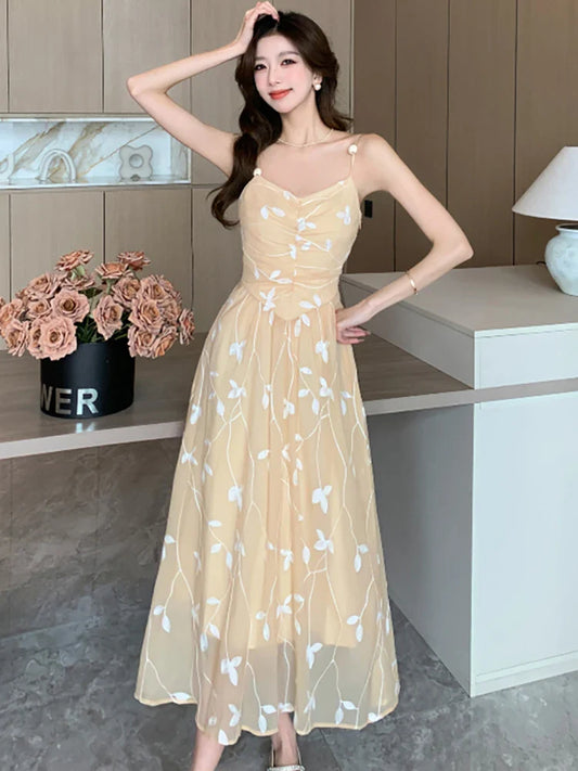 liwuka 2024 New Embroidery Floral Chic Sling Long Dress Women Fashion Bodycon International Dress Summer Korean Elegant Party Vestidos