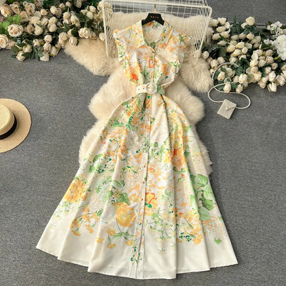 liwuka New Fashion 2024 Summer Holiday Long Dress Women's Gorgeous Sleeveless Turn Down Neck Floral Print Belt Robe Beach Vestidos