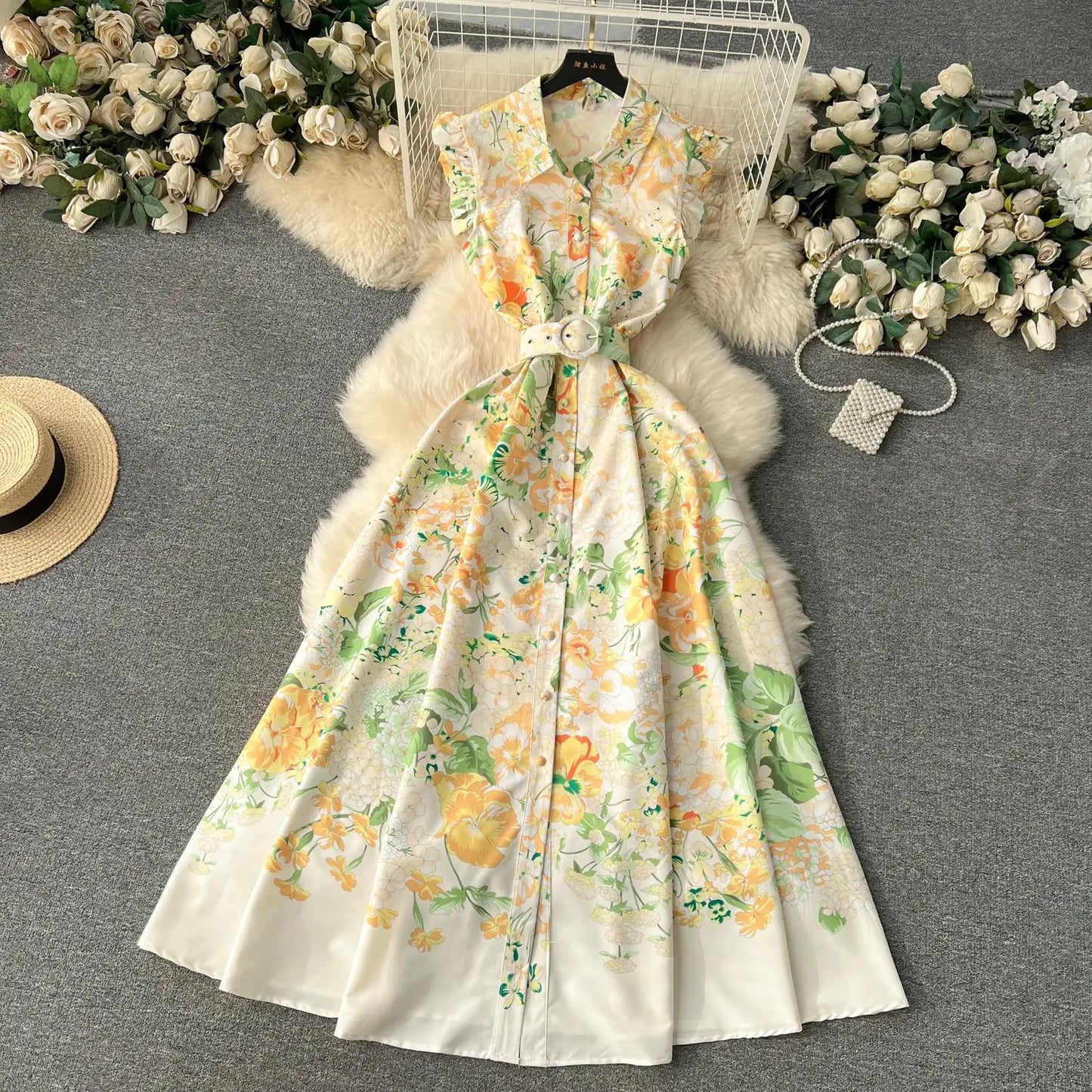 liwuka New Fashion 2024 Summer Holiday Long Dress Women's Gorgeous Sleeveless Turn Down Neck Floral Print Belt Robe Beach Vestidos