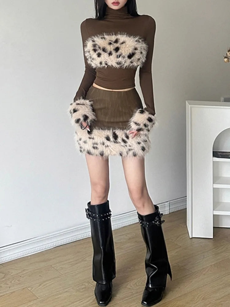 liwuka Y2k Aesthetic Patchwork Leopard Fur Women Grunge T-shirts Vintage Slim Harajuku Causal Brown Tshirts 2024 Bottoming Crop Tops