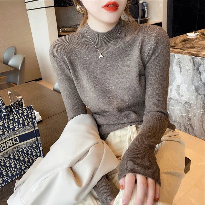 liwuka Autumn Winter Women Mock neck Sweaters Pullover Tops Knitwear Fashion Female Long Sleeve Skinny Elastic Casual Knitted Shirts