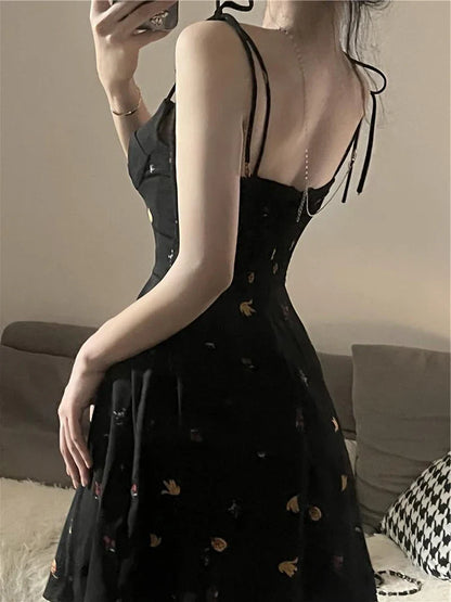 liwuka Summer Y2K Retro Floral Strap Bow Black Dress Mini Fashion Aesthetic Club Party Sexy Dresses for Women A-line Outfits