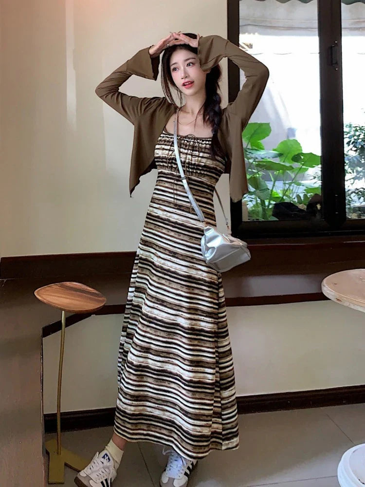 liwuka Stripe Suspended Dress Fashion Knitting Sleeveless V-neck Collar Sexy Dress 2024 Summer New Temperament Long Dress