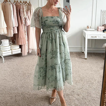 liwuka Sexy Square Neck Temperament Holiday Pleated Dress Summer Puff Sleeve A-line Party Dress Elegant Floral Print High Waist Dresses