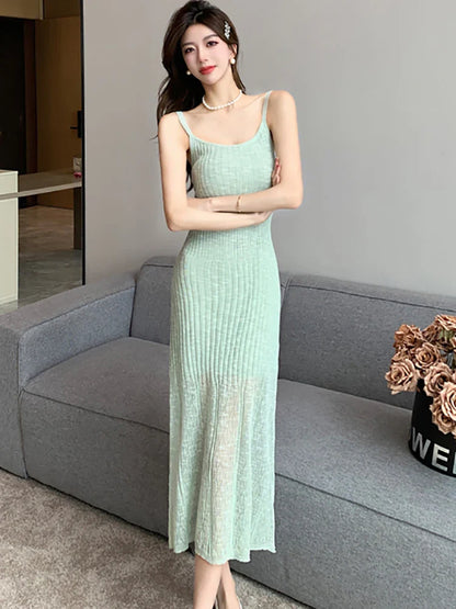 liwuka Summer Green Knitted Bodycon Sling Long Dress Women Fashion Casual Birthday Dress 2024 Korean Vintage Elegant Party Night Dress