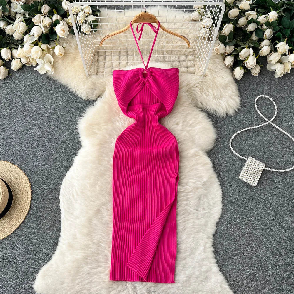 liwuka Chic Fashion Sexy Package Hips Split Knitted Summer Dress Women Slim Elastic Bodycon Party Dress Streetwear Outfits