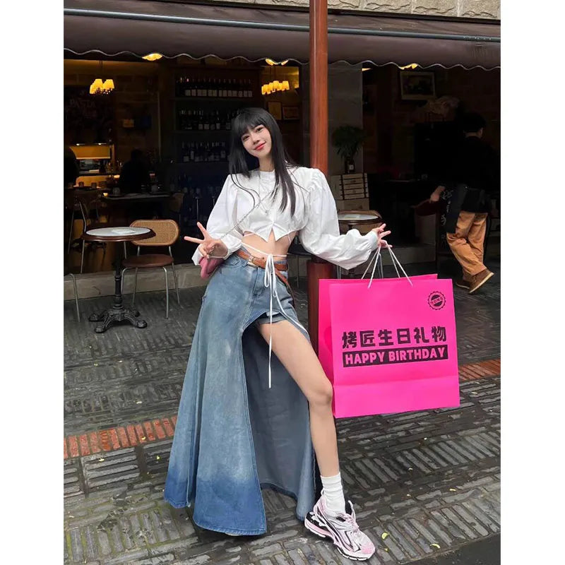 liwuka 2024 Summer Women's Harajuku Vintage Baggy Blue Denim Skirt High Waist Y2K Street Style Basic Casual A-line Slim Fit Slit Skirt