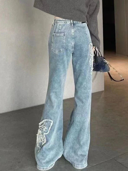 liwuka Summer Blue French Vintage Jeans Women Butterfly Embroidery Korean Fashion Flare Pants Female Harajuku Causal Denim Pants