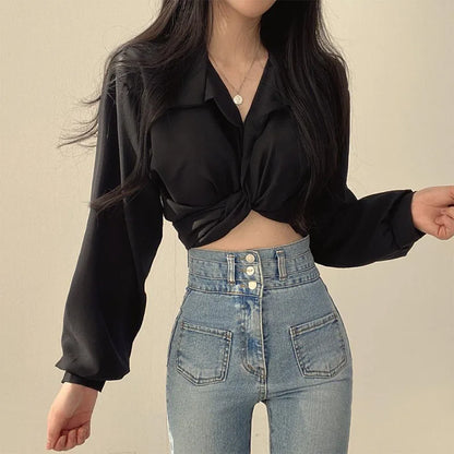 liwuka Korean Clothing Fashion Women Short Navel Shirt Summer New Top Solid Sexy Bow Versatile Slim Female Chic Long Sleeve Blouse