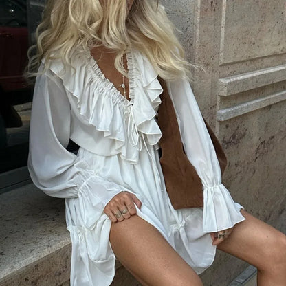 liwuka Fashion V-Neck Design Fluffy Dress Spring and Summer Women's Elastic Waistband Ruffled Edge Pleated Flared Sleeve Casual Dress