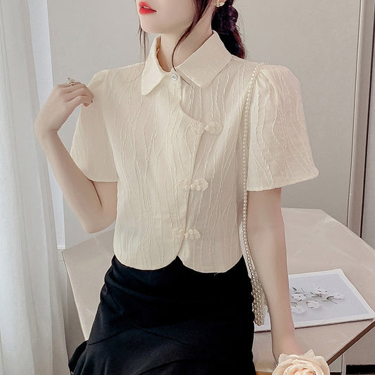 liwuka Vintage Turndown Collar Short Blouse Women Elegant Chic Retro Buckle Crop Tops Woman National Style Cheongsam Shirts