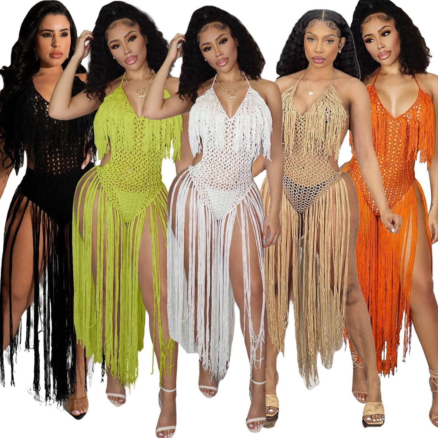 liwuka Knit Rib Tassel Bodysuit Rompers Sexy Fishnet Halter Lace Up V Neck See Through Jumpsuit Women Summer Beach Wear One Piece Dress