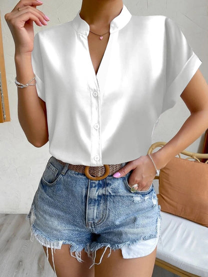 liwuka Casual V Neck Solid Shirt Blouse Office Lady Spring Summer Fashion Elegant Short Sleeve Slim Shirts For Women White Tops