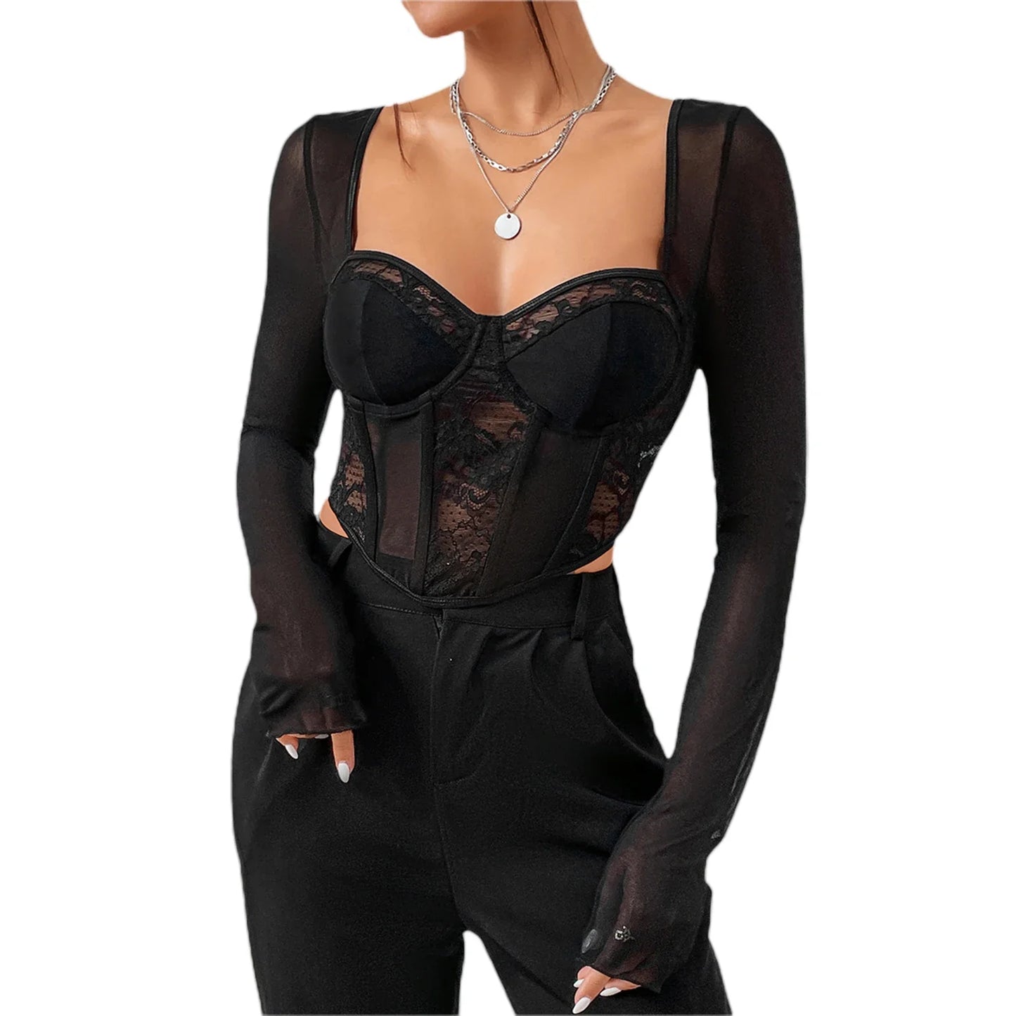 liwuka Women's Lace Corset Patchwork Long Sleeve Bustier Crop Top Tees Sheer Sweetheart Neck Asymmetrical Bustier T-Shirts