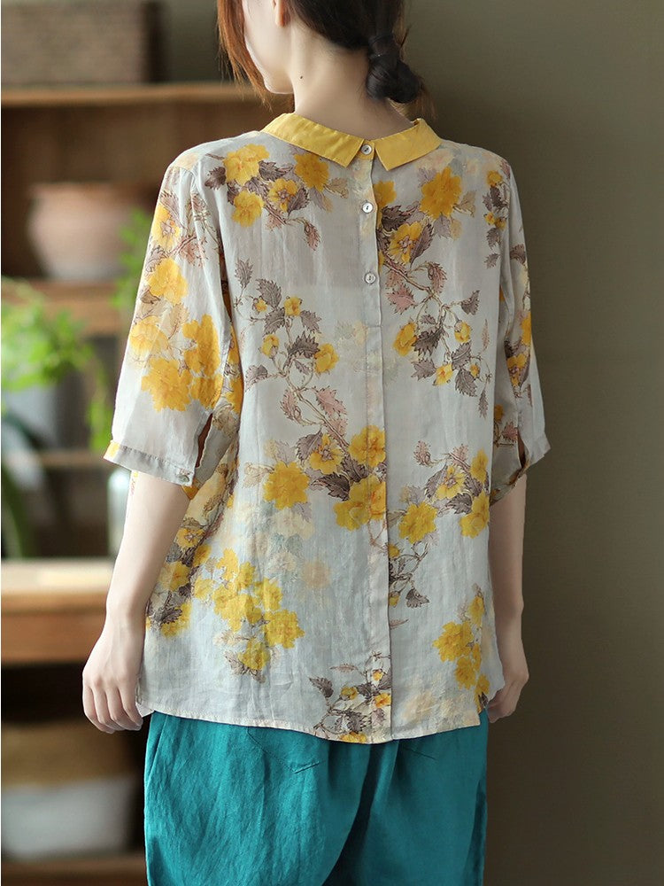 liwuka Women Summer Casual Shirts New Vintage Style Floral Print Loose Comfortable Cotton Linen Female Half Sleeve Tops