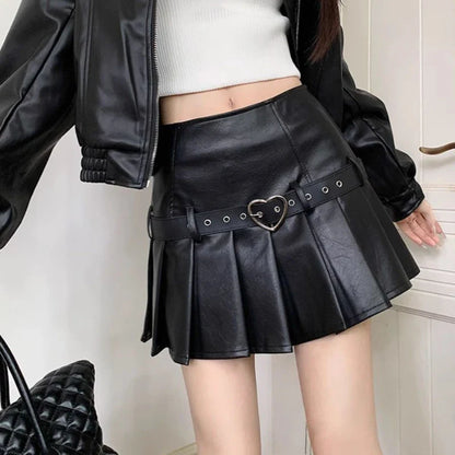 liwuka Vintage Pleated Leather Skirt Women Y2k Gothic Mini Skirts Punk Korean Style Retro Solid Grunge Short Skirts Streetwear