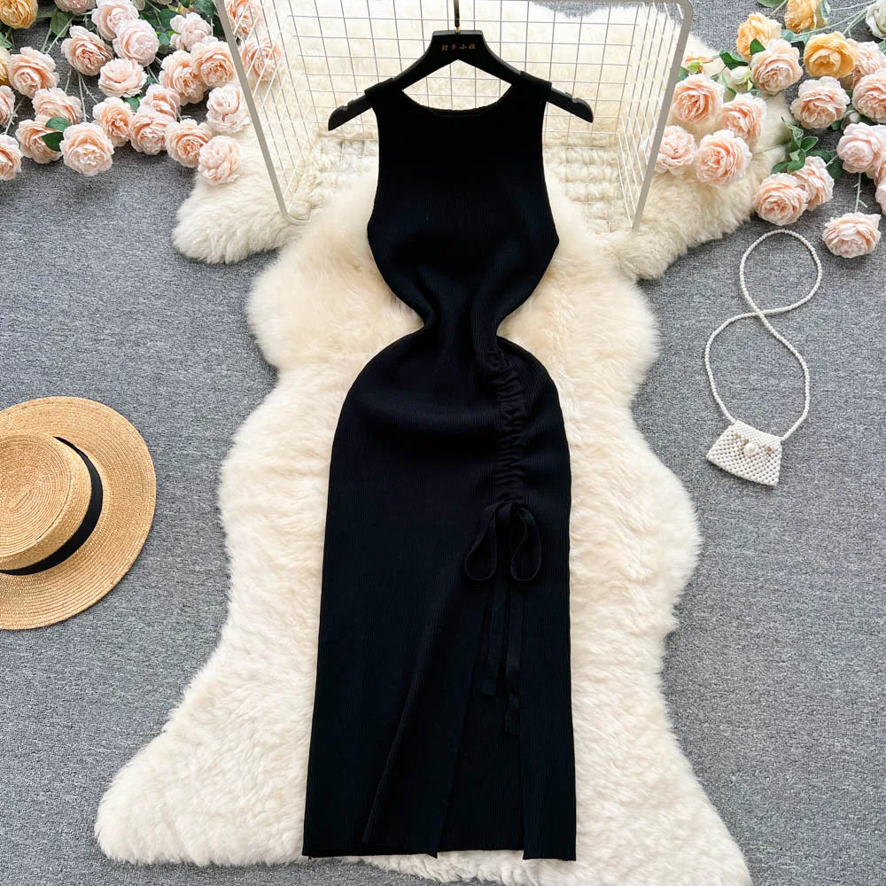 liwuka Fashion Summer Bodycon Knitted Dress Sexy Package Hips Drawstring Split Black Women Dress Basic Lady Party Vestidos