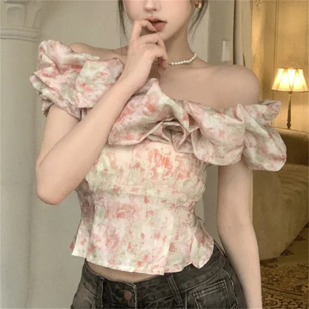 liwuka S-M Women Slash Neck Florals Blouses Summer Off Shoulders Short Sleeve Sweet Party Ruffles Slim New Daily Mujer