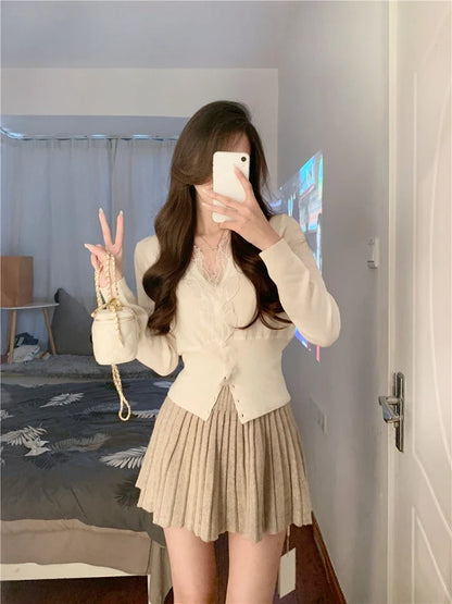 liwuka Spring 2 Piece Dress Set Women Korean Fashion Y2k Clothing Sweet Cardigan + Mini Skirts Elegant Bodycon Knitted Suits Chic